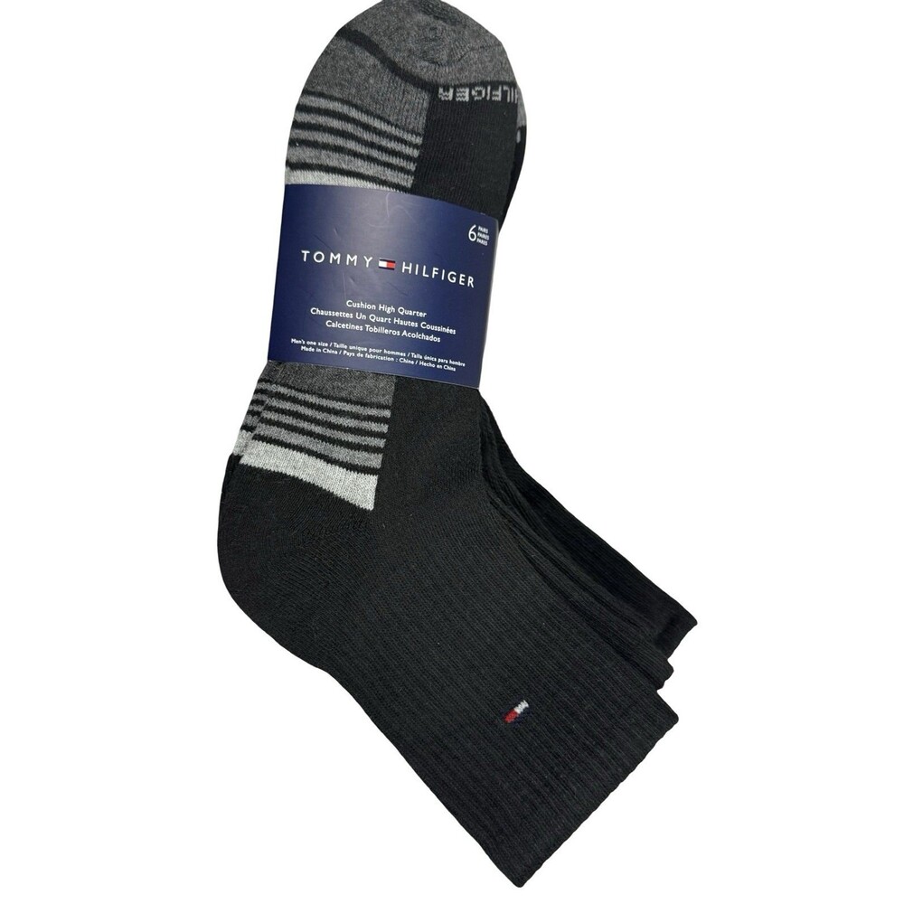 Tommy Hilfiger Mens Size 7-12 Socks 6 Pair Cushion Quarter Cut Stripe Black New